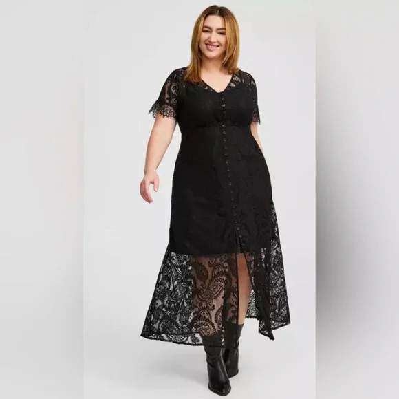 Torrid Maxi Lace Dress Button Front A-Line Sz 00 (M) Black Witchy Dark Goth Long - Picture 2 of 9